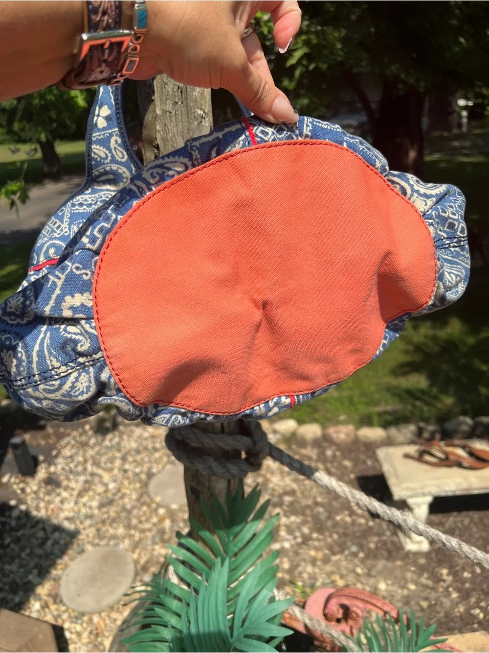Lucky Brand Blue Paisley Quilted Tote Bag with Red Trim